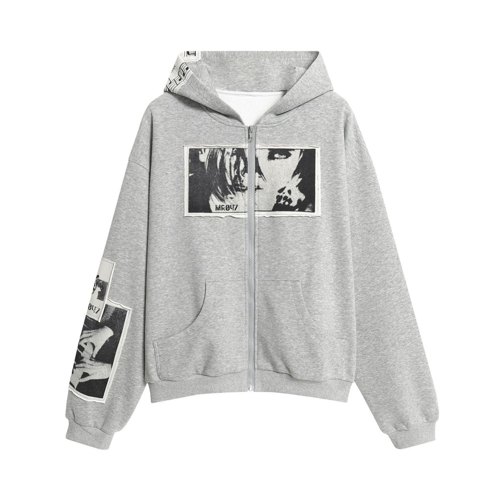 Retro Portrait Print Patch Hooded Zip-Up