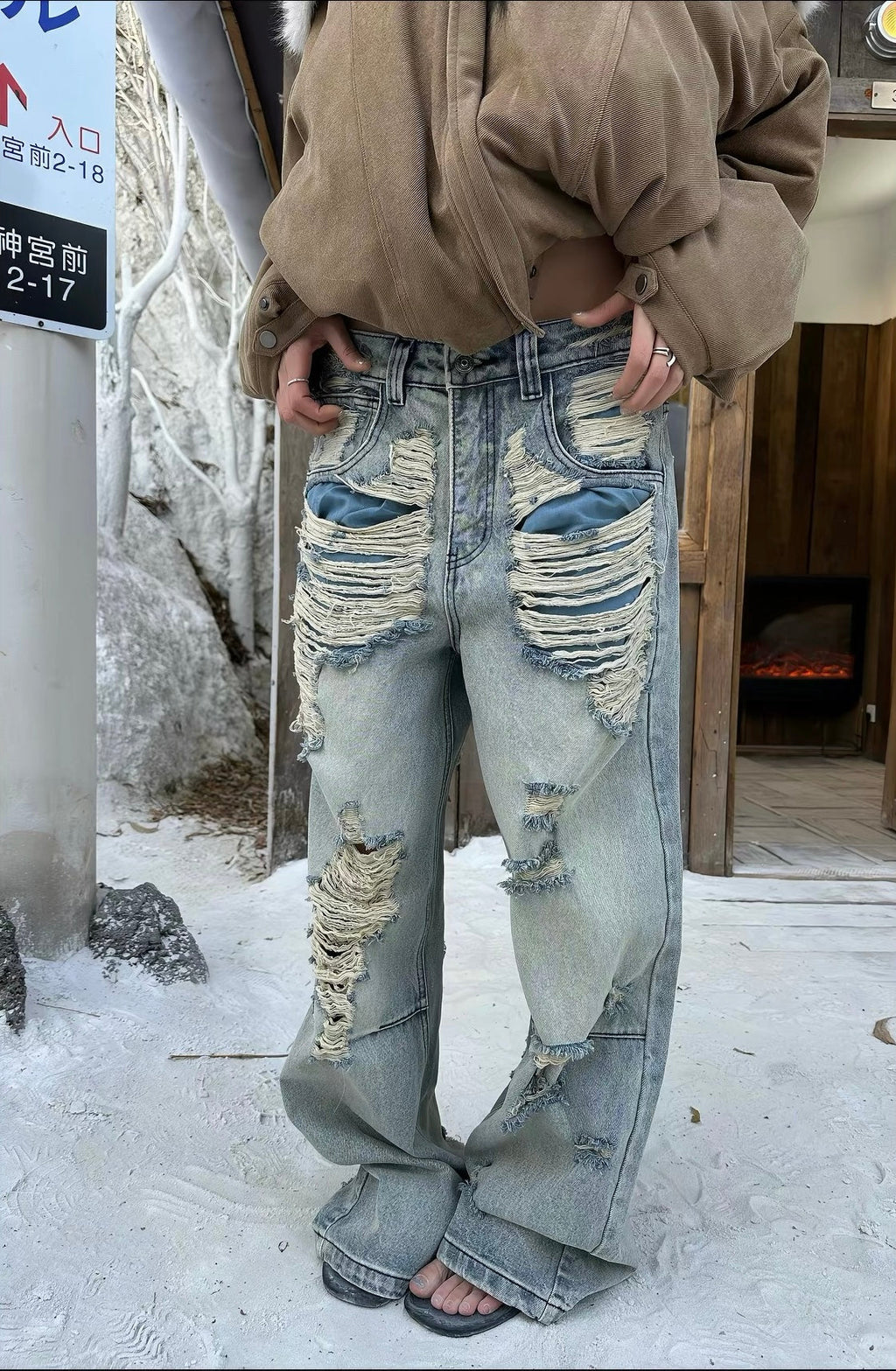 BADMUSE Heavily Distressed Washed Wide-Leg Jeans