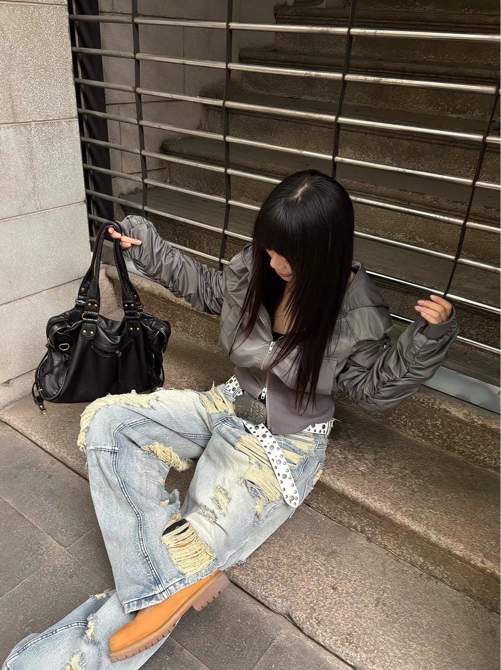 BADMUSE Heavily Distressed Washed Wide-Leg Jeans