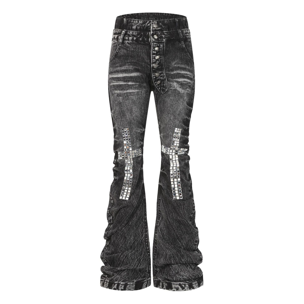 BADMUSE Cross Rhinestone Double-Waist Slim Jeans