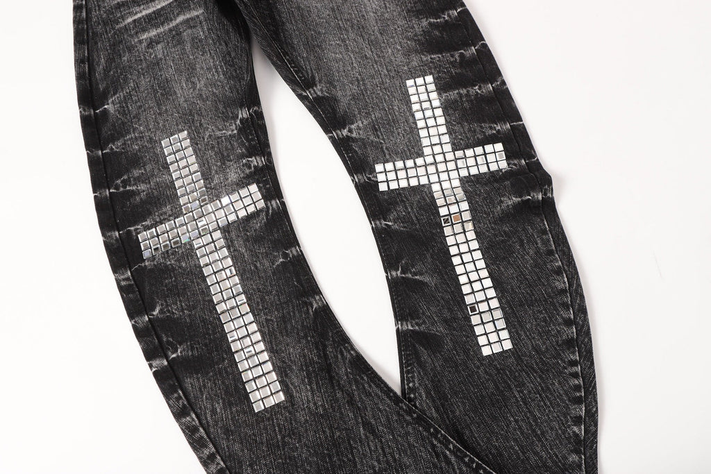 BADMUSE Cross Rhinestone Double-Waist Slim Jeans