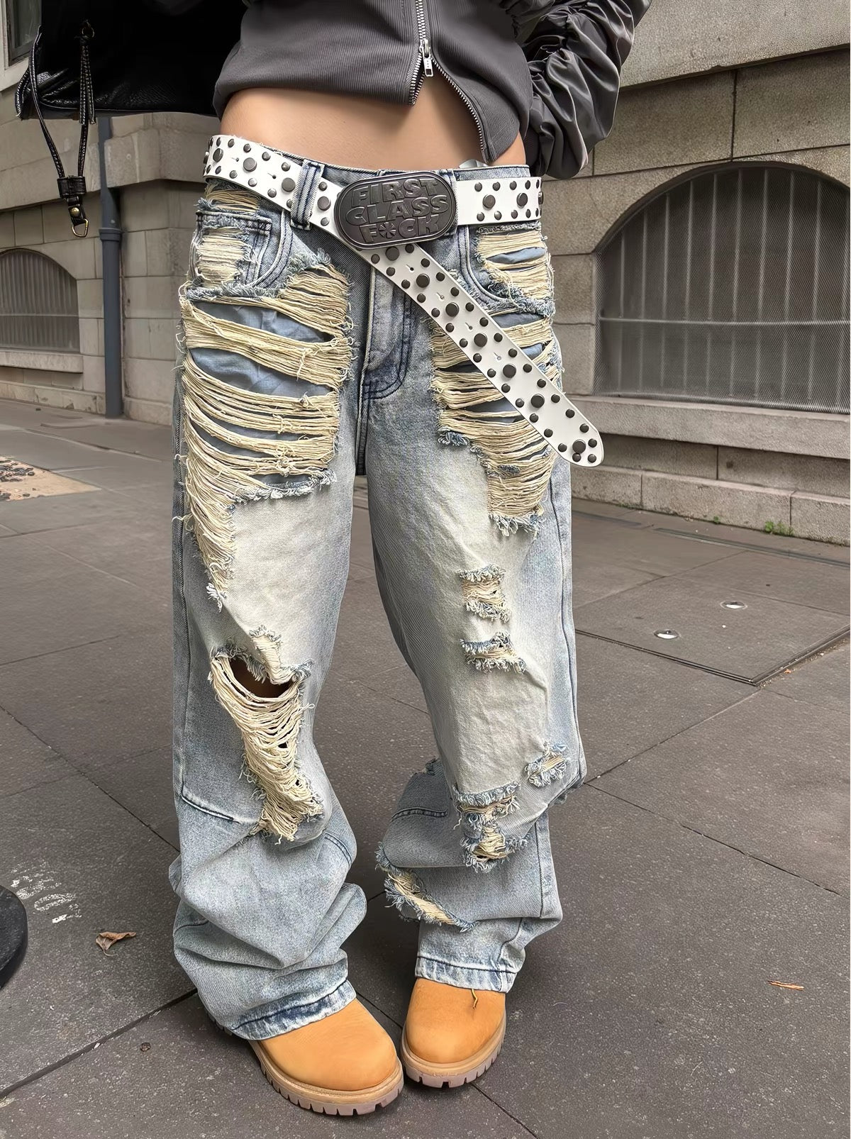 BADMUSE Heavily Distressed Washed Wide-Leg Jeans