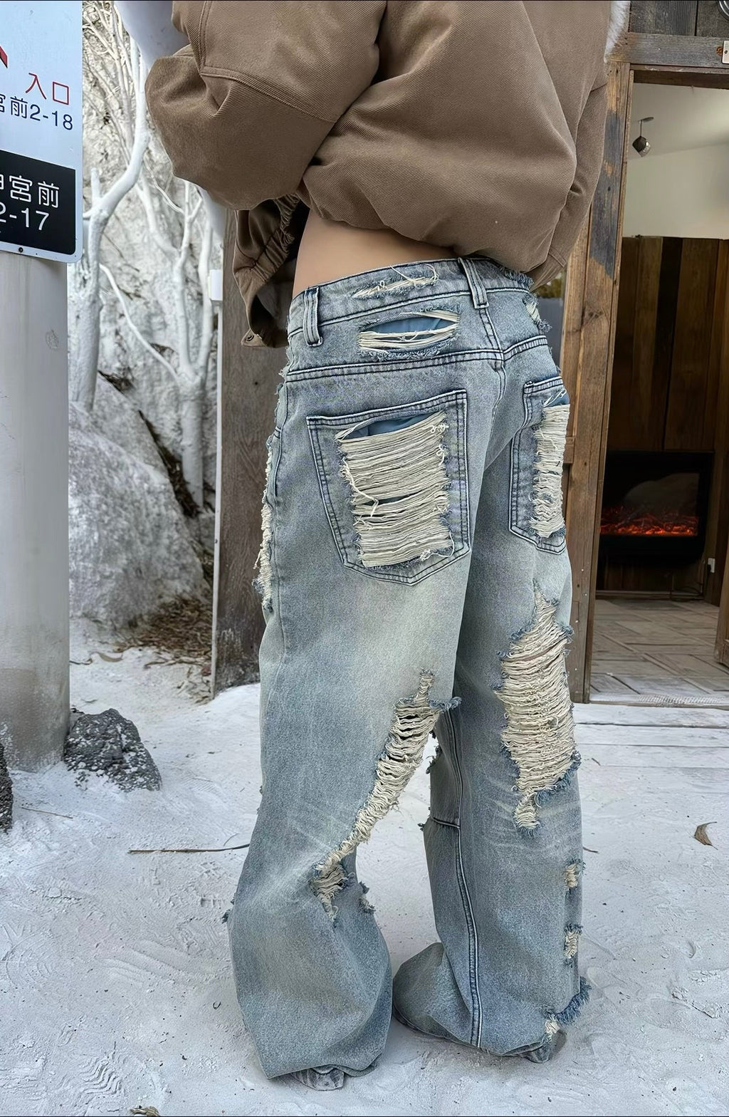 BADMUSE Heavily Distressed Washed Wide-Leg Jeans