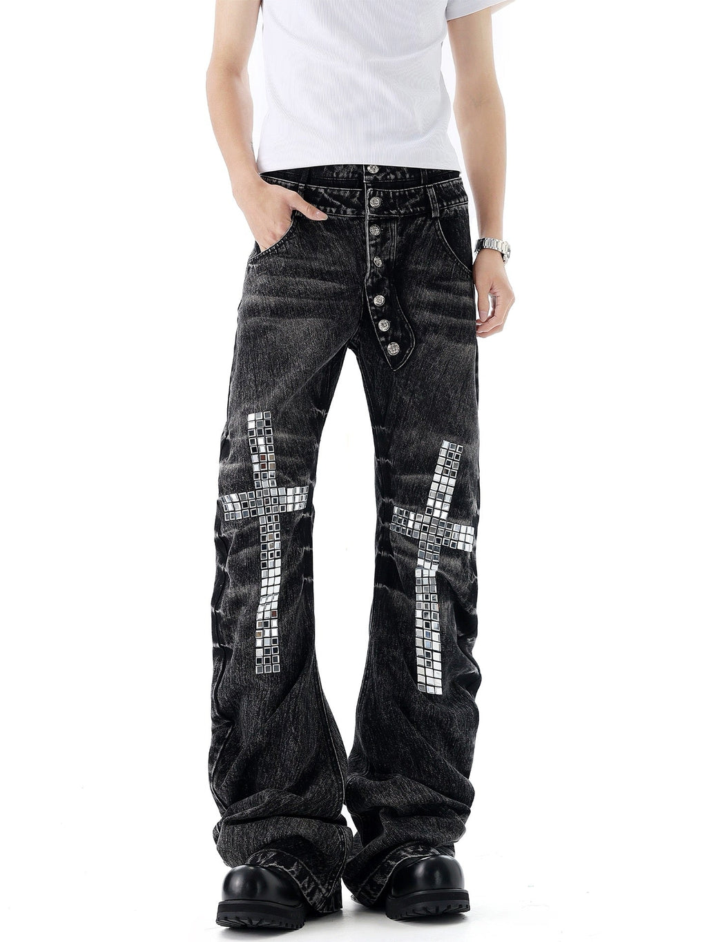 BADMUSE Cross Rhinestone Double-Waist Slim Jeans