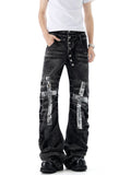 BADMUSE Cross Rhinestone Double-Waist Slim Jeans