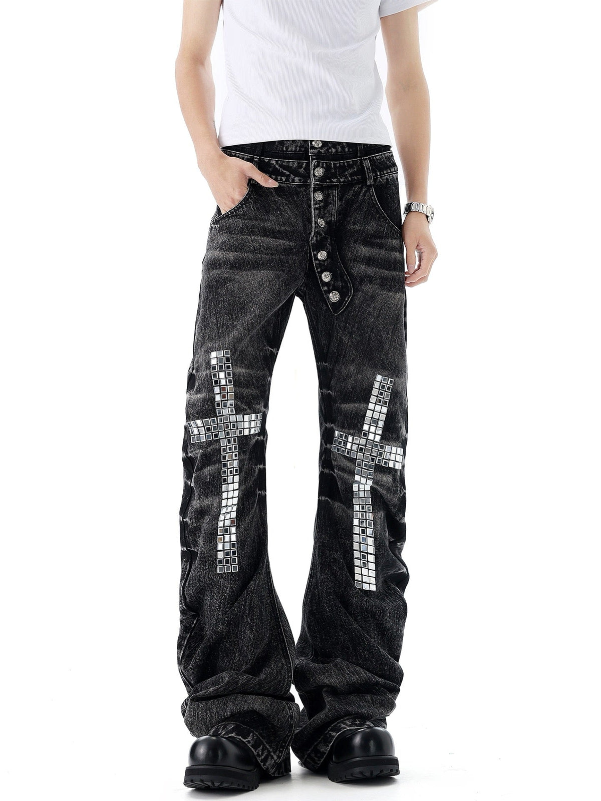BADMUSE Cross Rhinestone Double-Waist Slim Jeans
