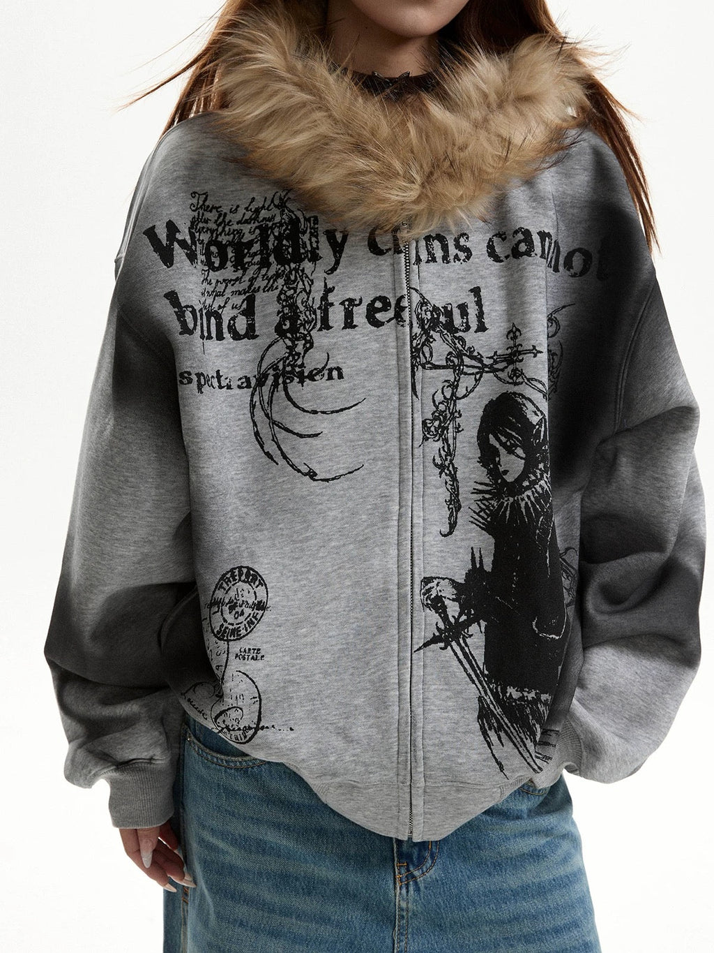 Fur Collar Hooded Zip-Up