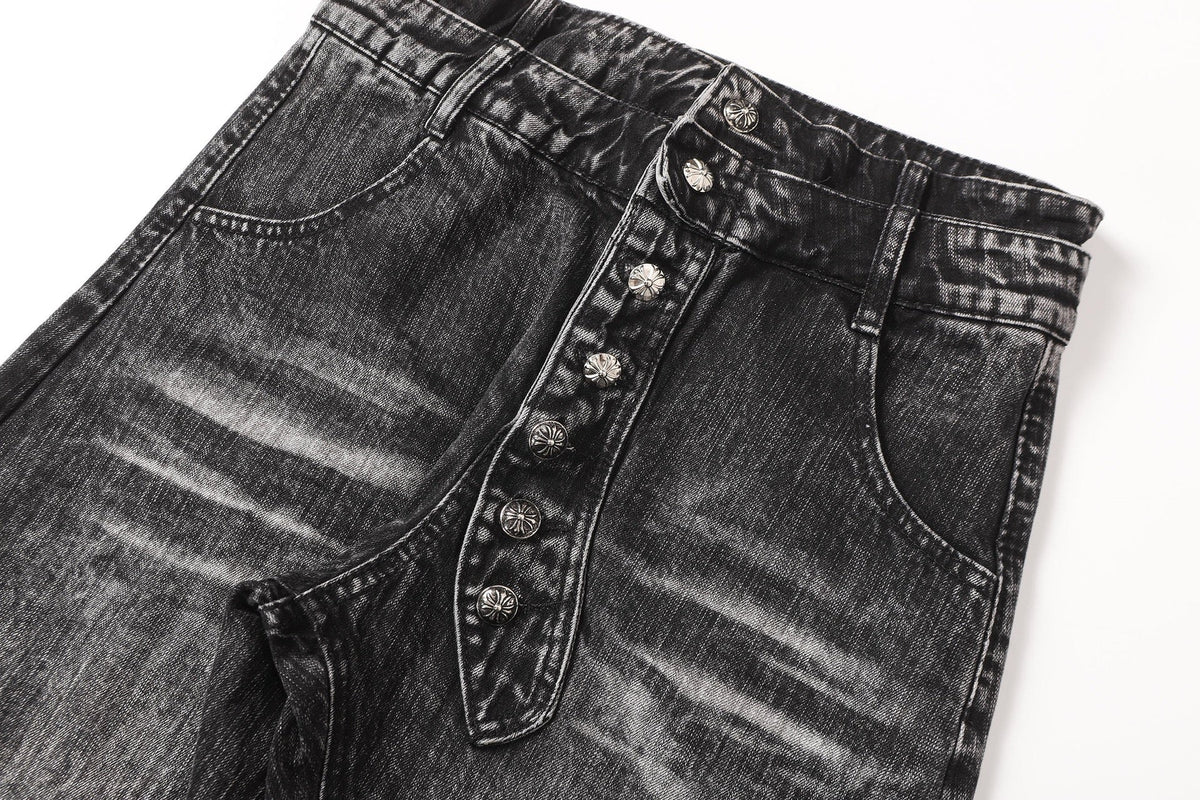 BADMUSE Cross Rhinestone Double-Waist Slim Jeans