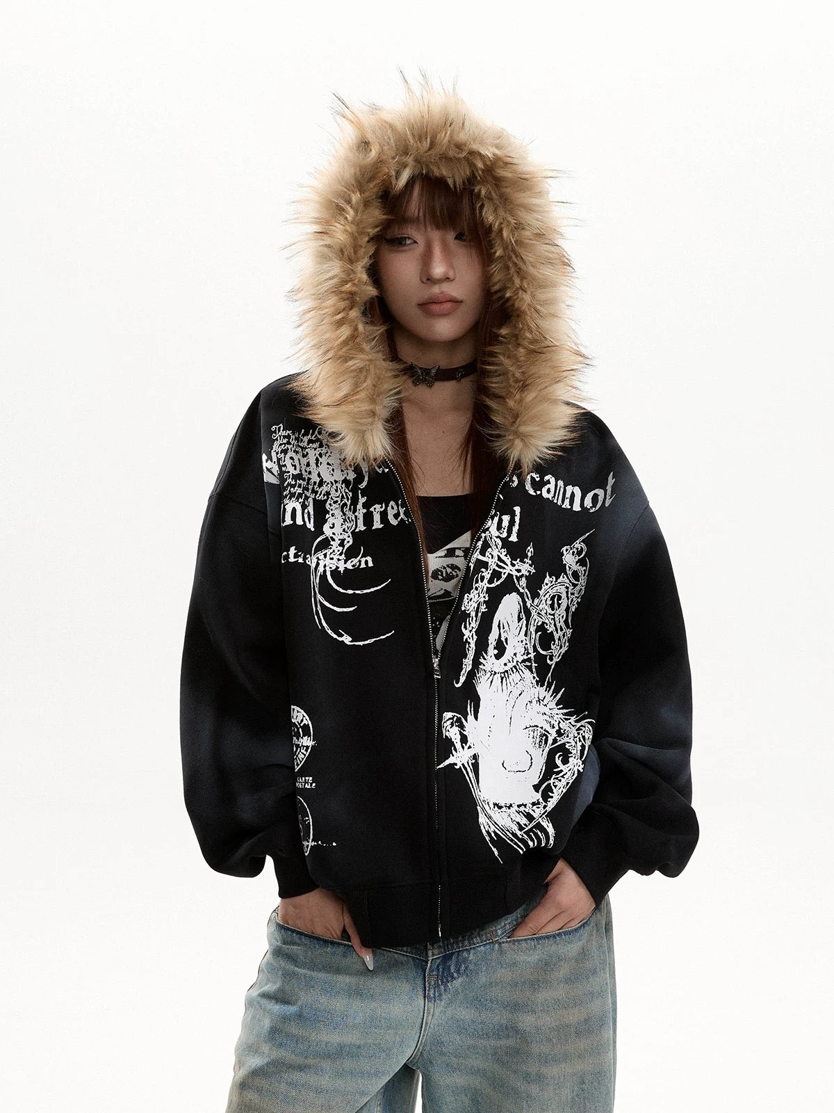 Fur Collar Hooded Zip-Up