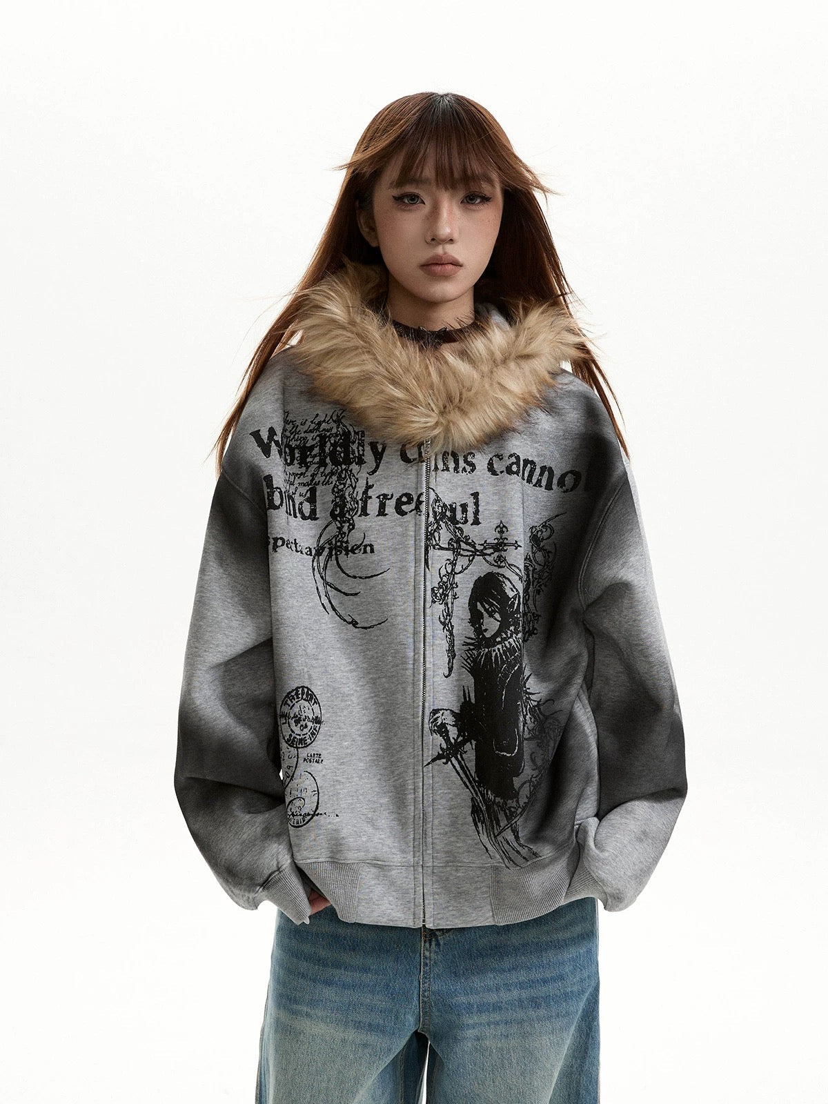 Fur Collar Hooded Zip-Up