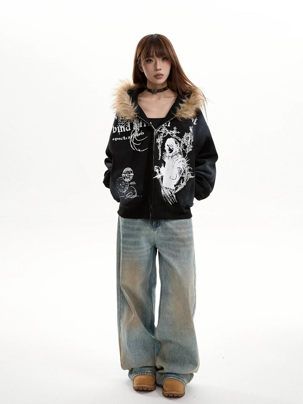 Fur Collar Hooded Zip-Up