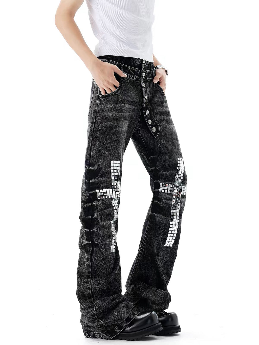 BADMUSE Cross Rhinestone Double-Waist Slim Jeans