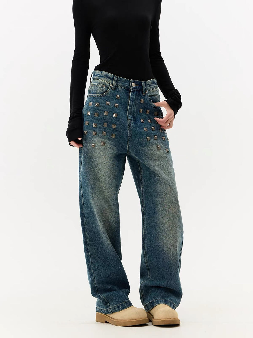 BADMUSE Heavy Rivet Wide-Leg Jeans