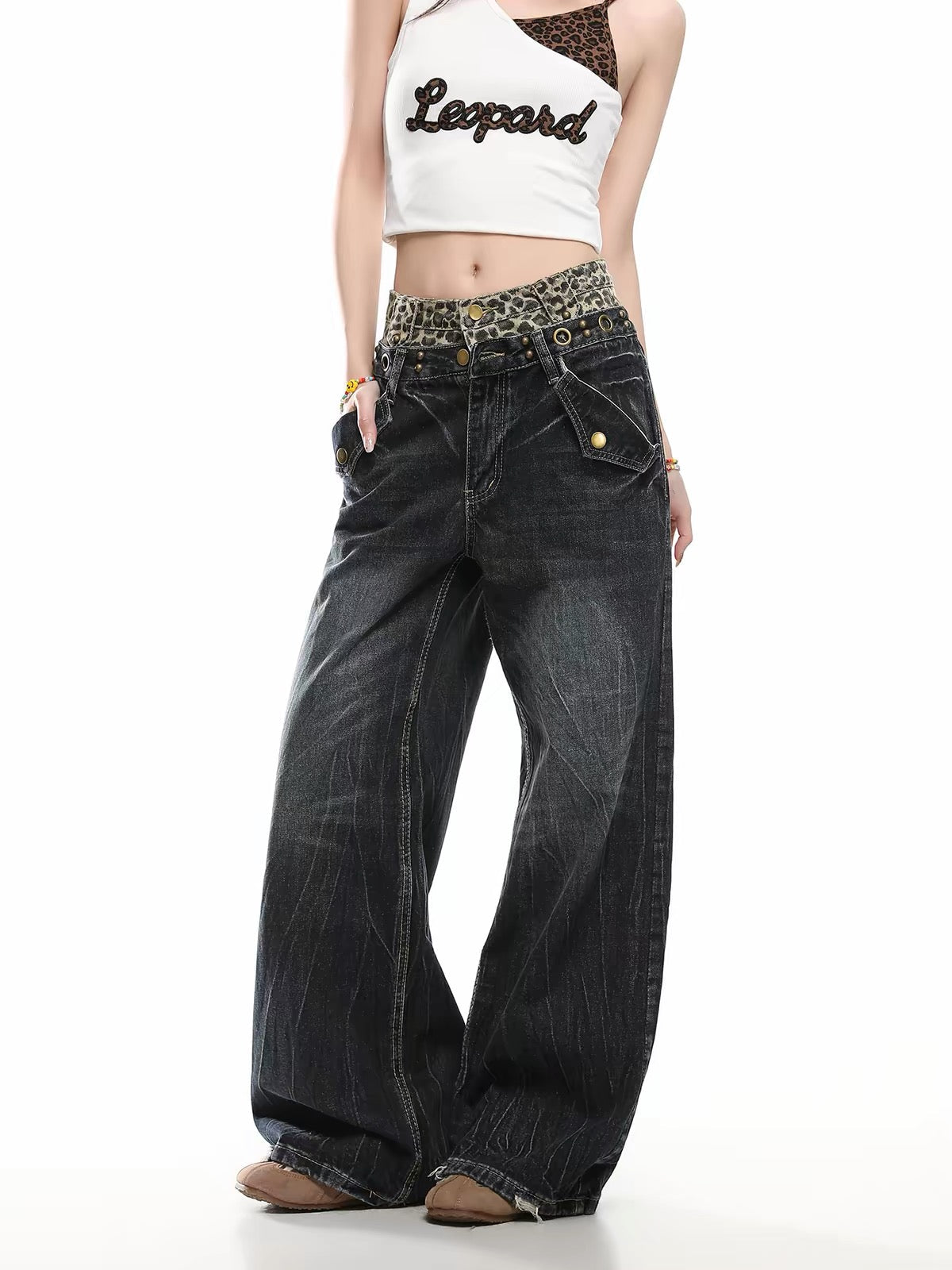 BADMUSE Leopard Double-Waist Jeans