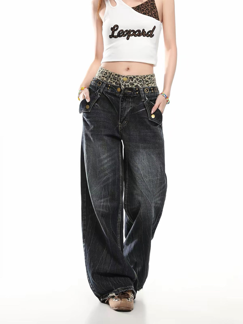 BADMUSE Leopard Double-Waist Jeans