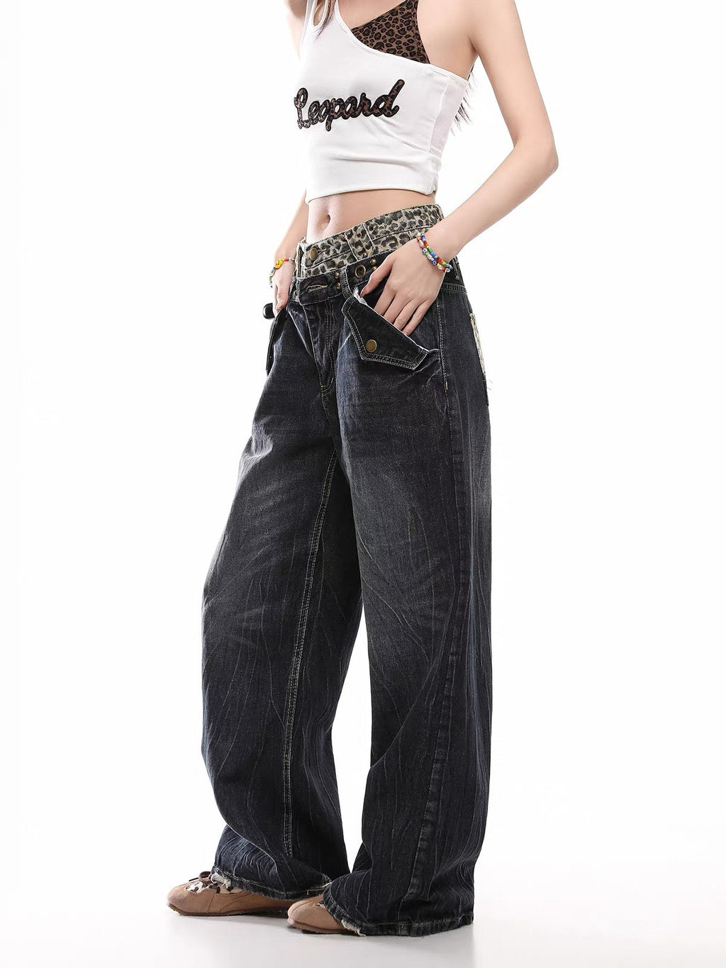 BADMUSE Leopard Double-Waist Jeans