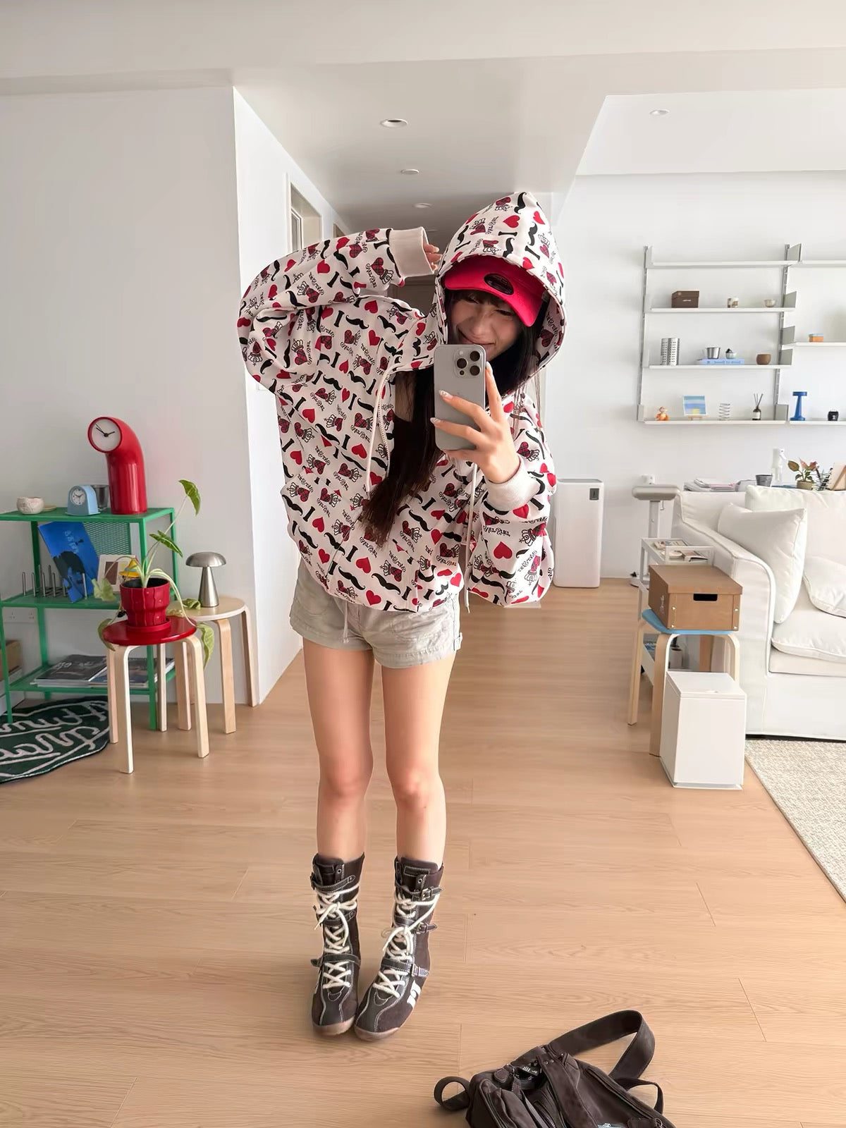 BADMUSE “I LOVE” Heart Print Zip-Up Hoodie