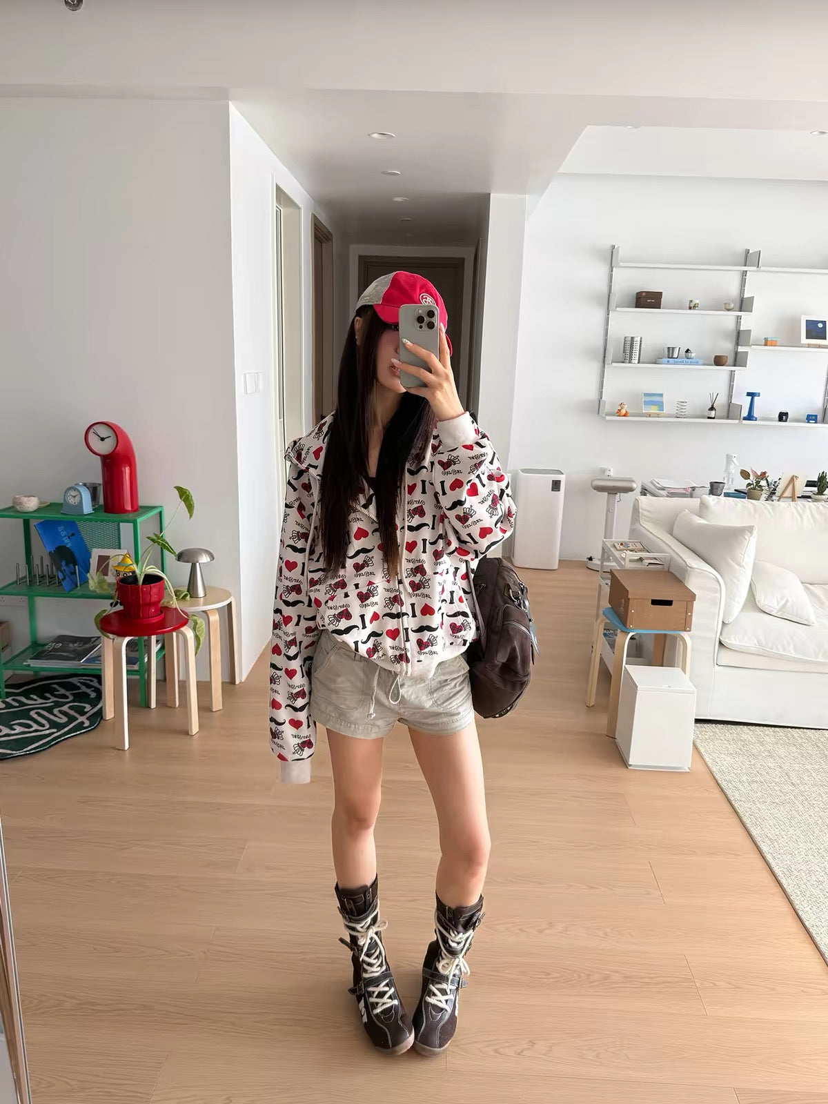 BADMUSE “I LOVE” Heart Print Zip-Up Hoodie