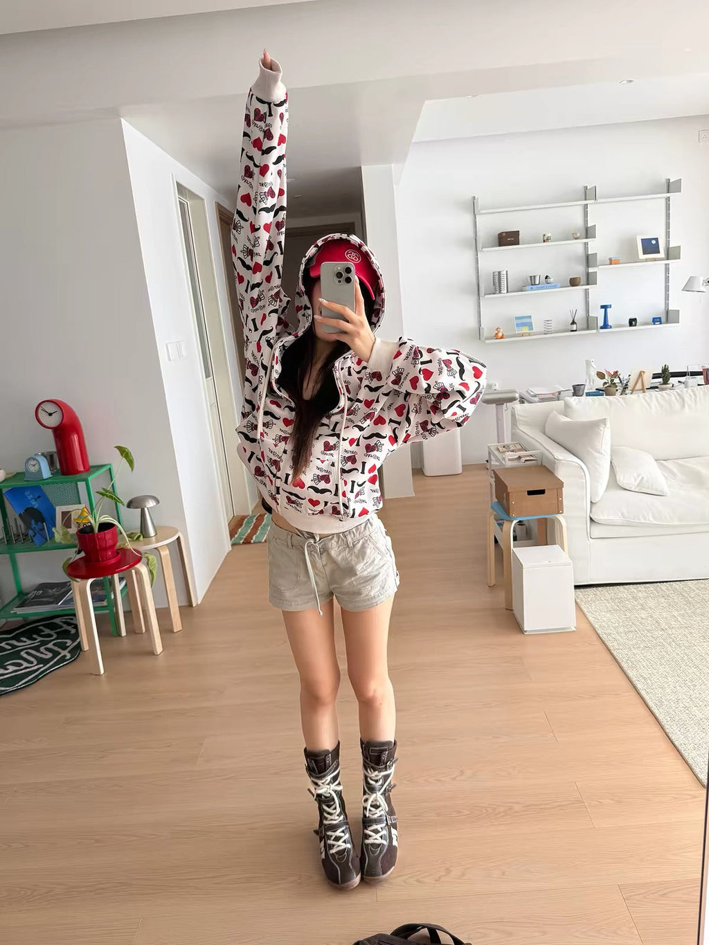 BADMUSE “I LOVE” Heart Print Zip-Up Hoodie