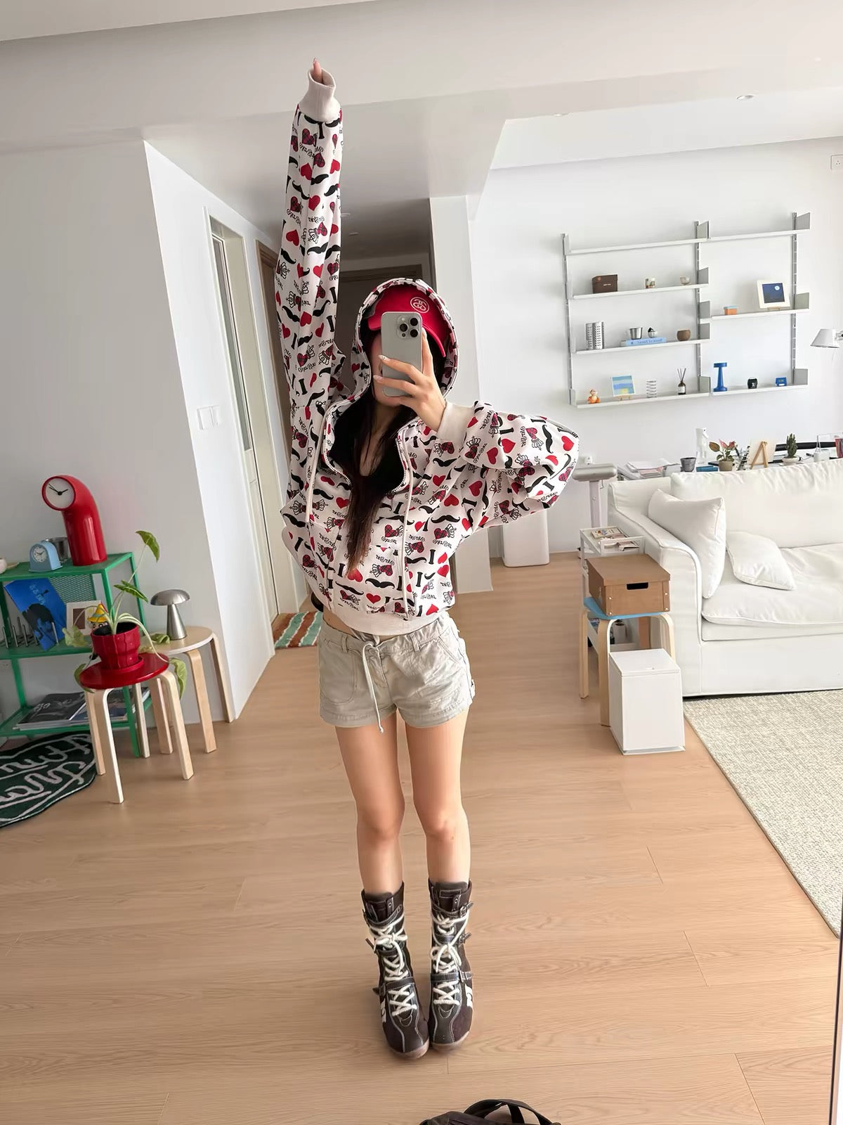 BADMUSE “I LOVE” Heart Print Zip-Up Hoodie
