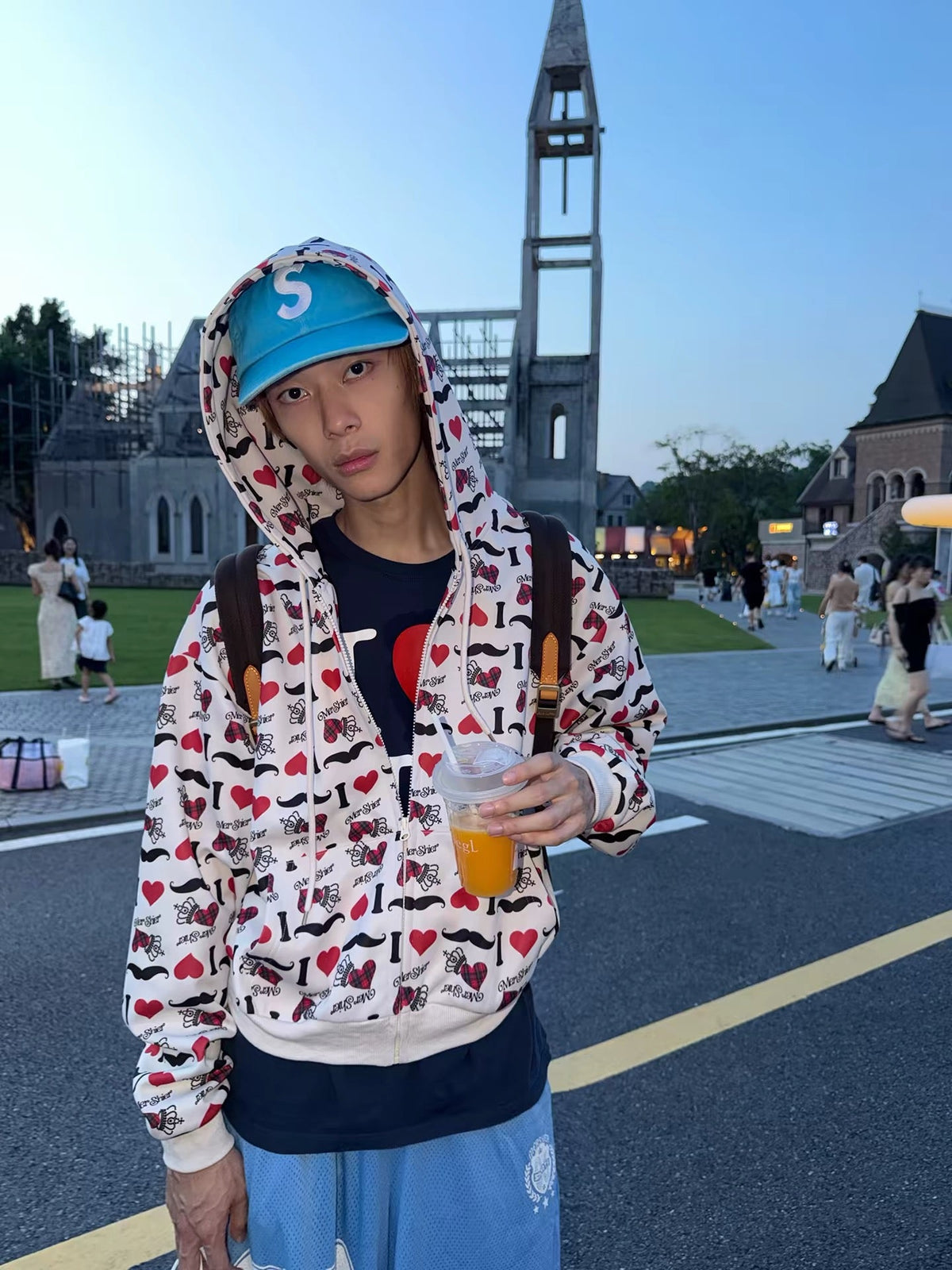 BADMUSE “I LOVE” Heart Print Zip-Up Hoodie