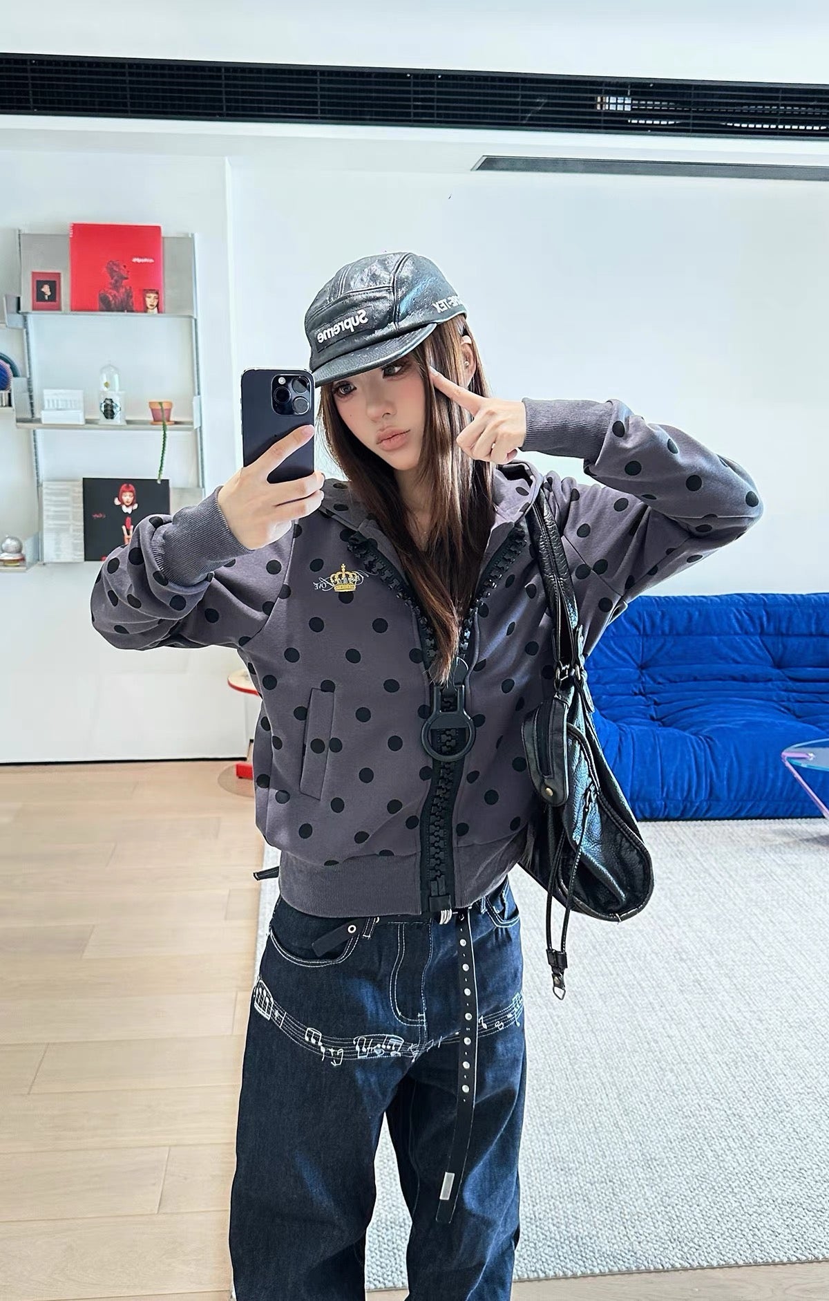 BADMUSE Oversized Zipper Polka Dot Hoodie