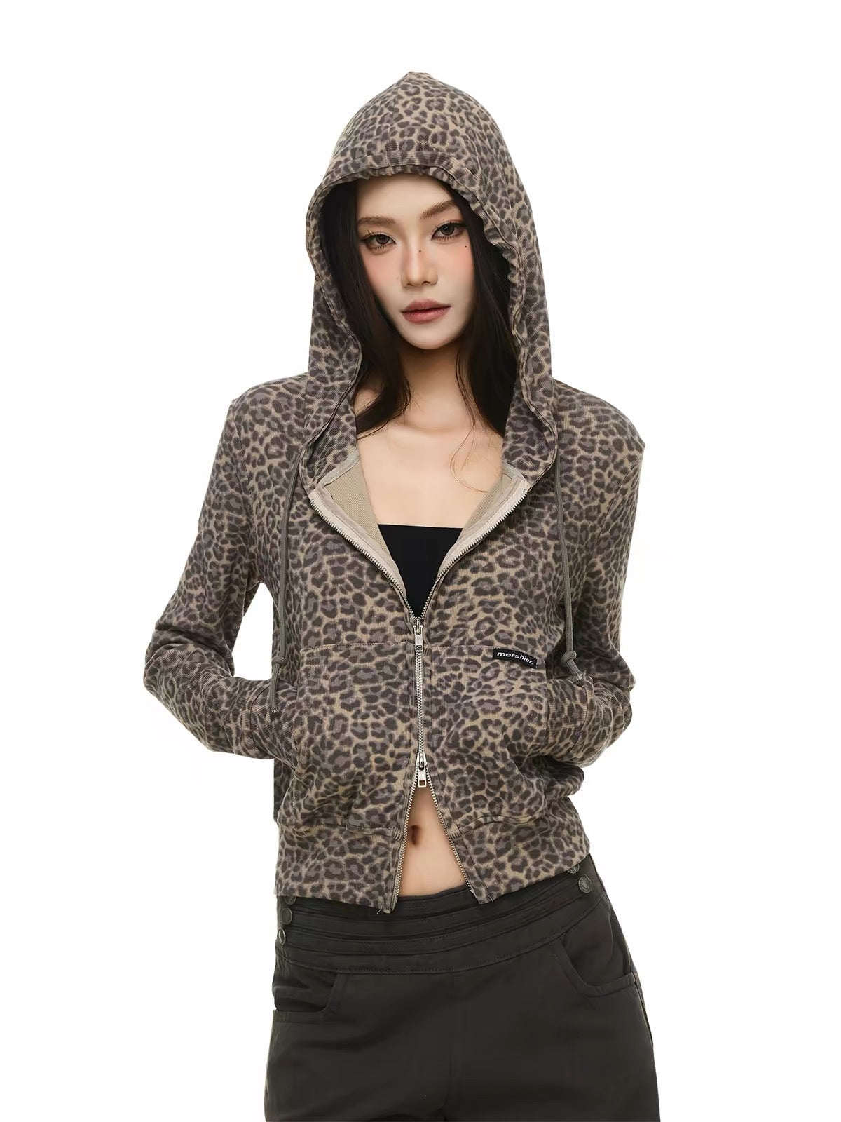 BADMUSE Leopard Cropped Zip-Up Hoodie