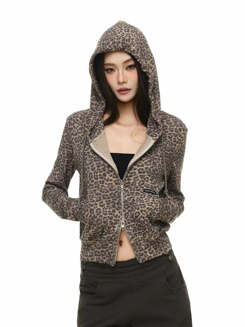 BADMUSE Leopard Cropped Zip-Up Hoodie