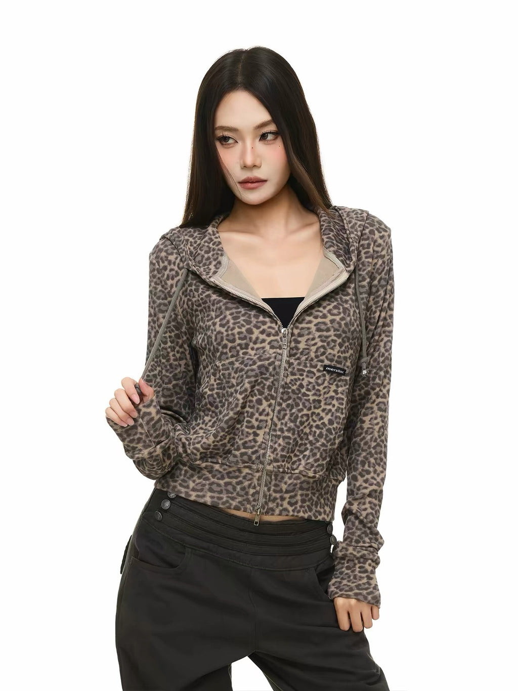 BADMUSE Leopard Cropped Zip-Up Hoodie