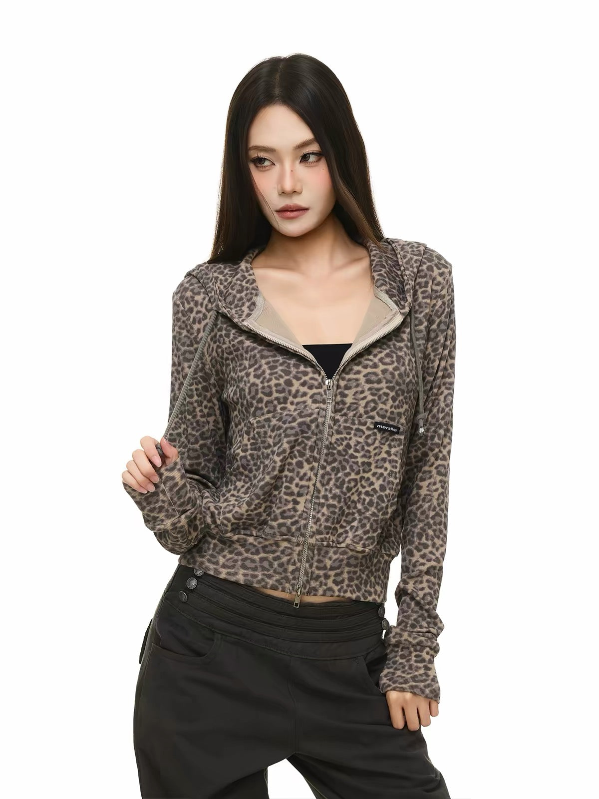 BADMUSE Leopard Cropped Zip-Up Hoodie