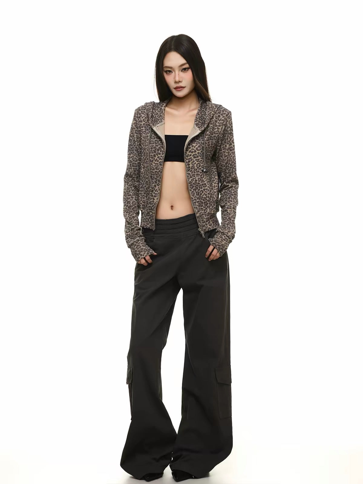 BADMUSE Leopard Cropped Zip-Up Hoodie