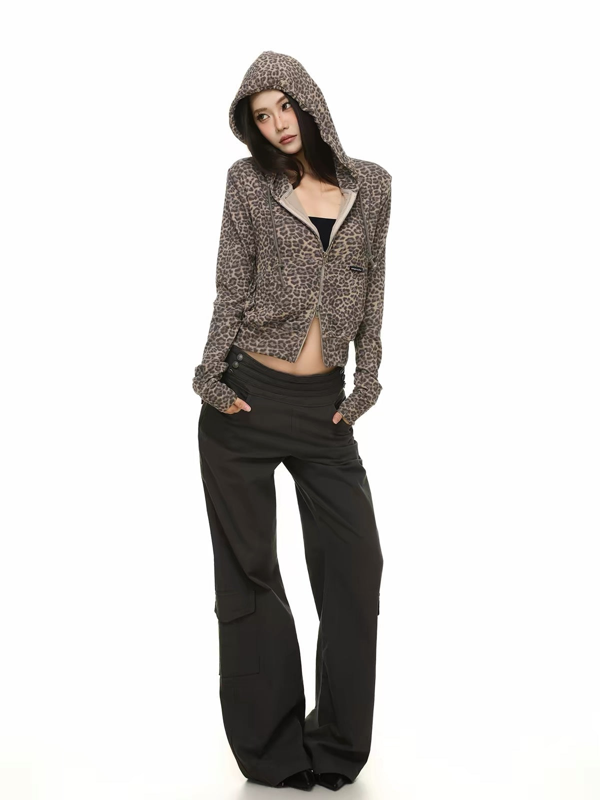 BADMUSE Leopard Cropped Zip-Up Hoodie