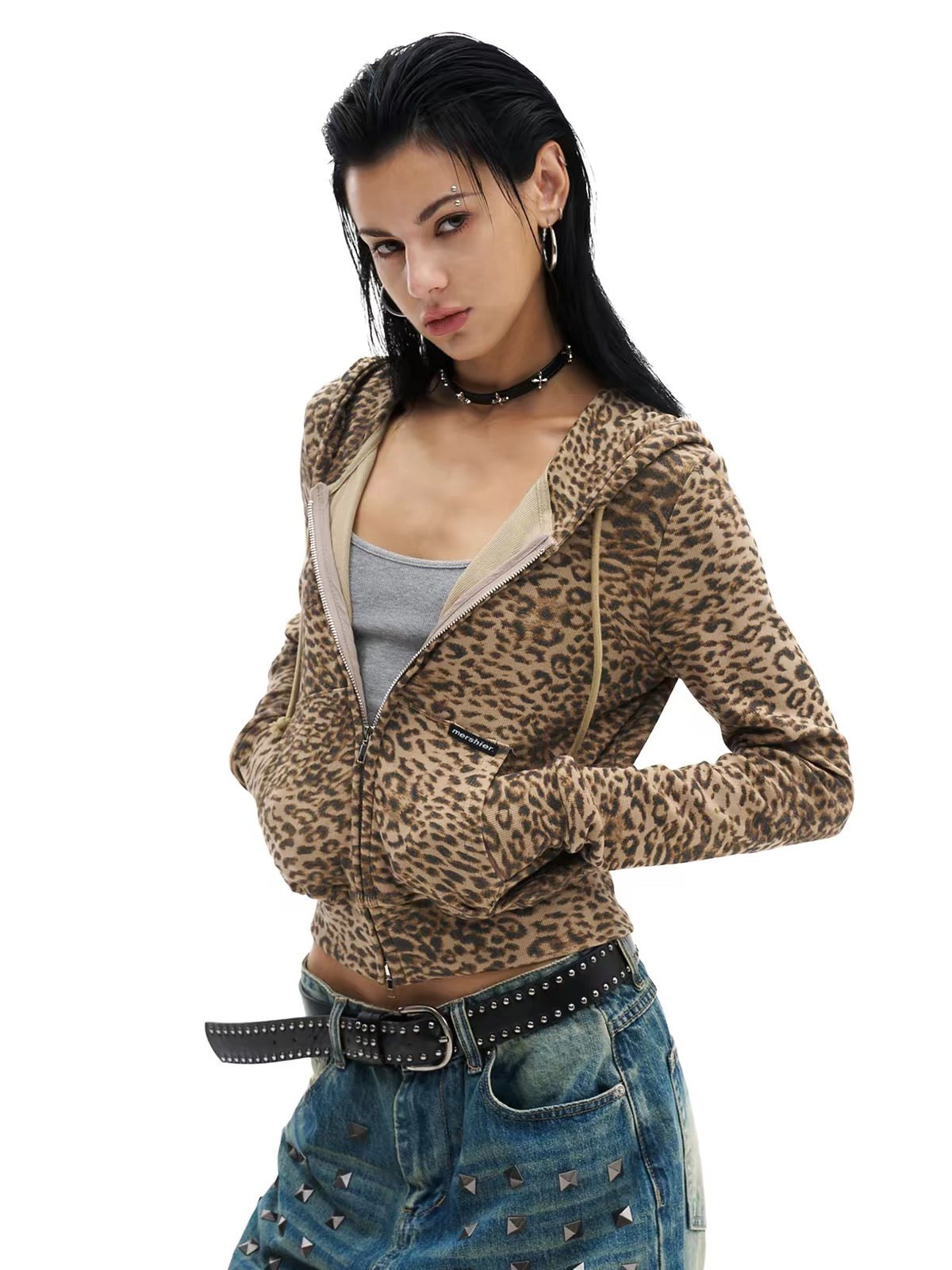 BADMUSE Leopard Cropped Zip-Up Hoodie