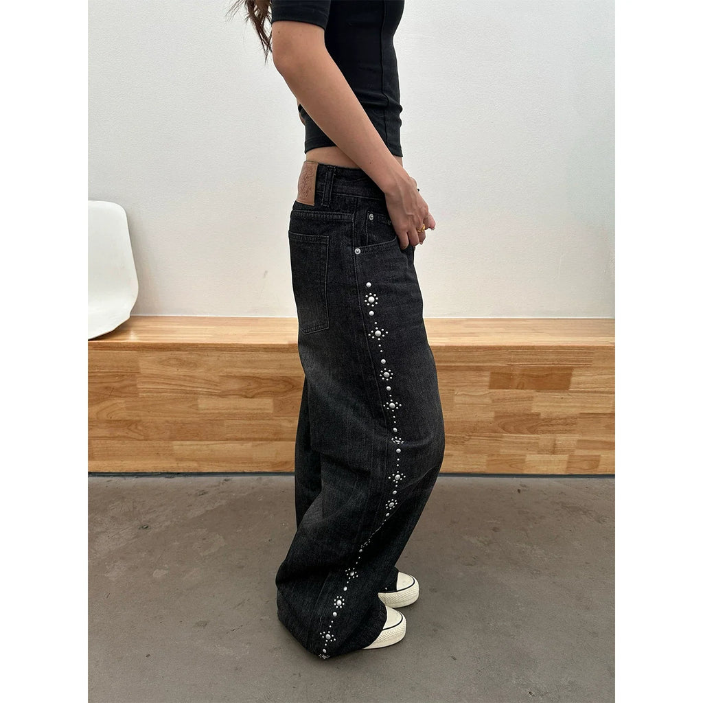BADMUSE American Style Beaded Straight Leg Jeans