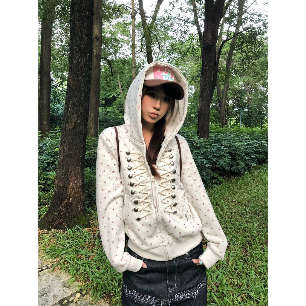 BADMUSE Floral Print Hooded Cardigan Jacket