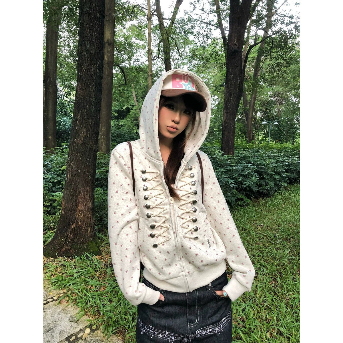 BADMUSE Floral Print Hooded Cardigan Jacket