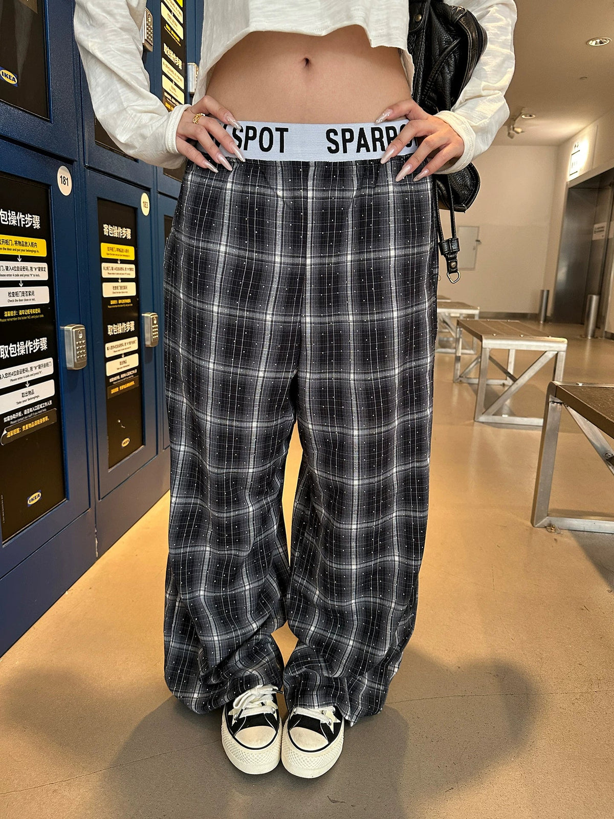 BADMUSE Rhinestone Plaid Casual Pants