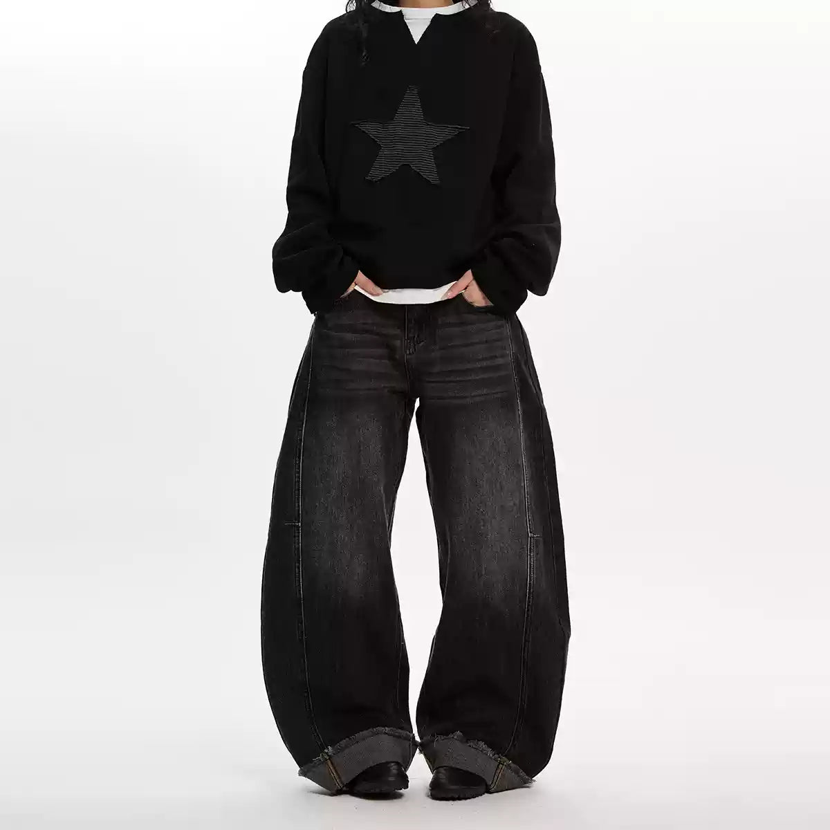 Washed Wide-Leg Casual Scimitar Jeans