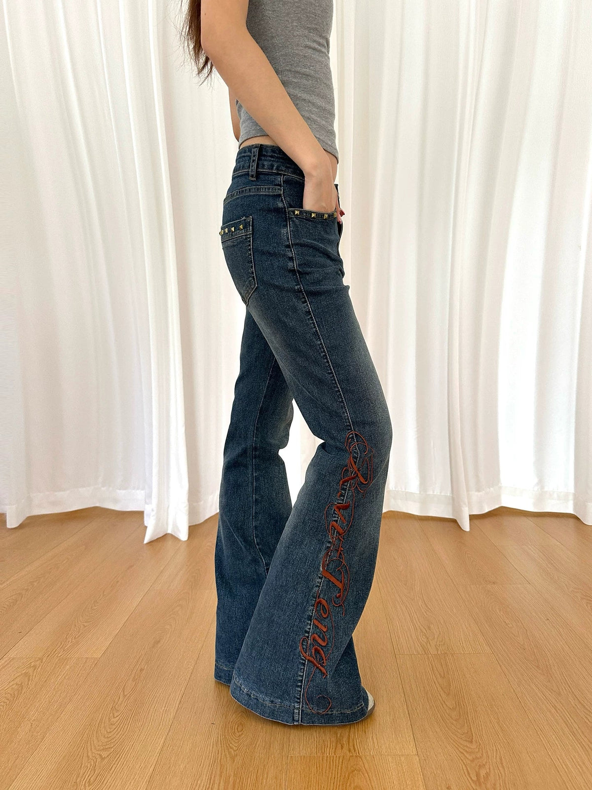 BADMUSE Retro Letter Embroidered Rivet  Flared Jeans