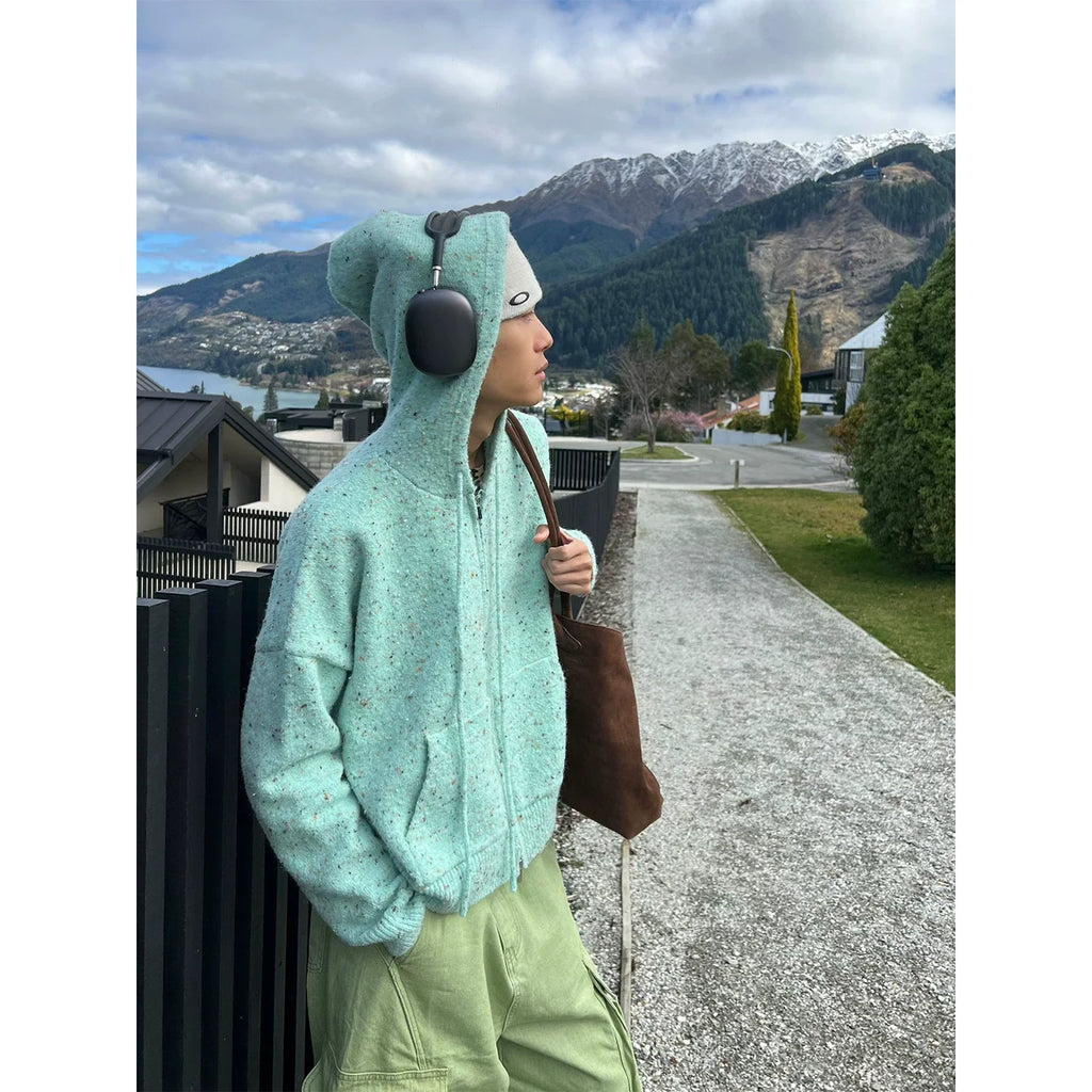 BADMUSE American Style Drawstring Hooded Knitted Cardigan Sweater