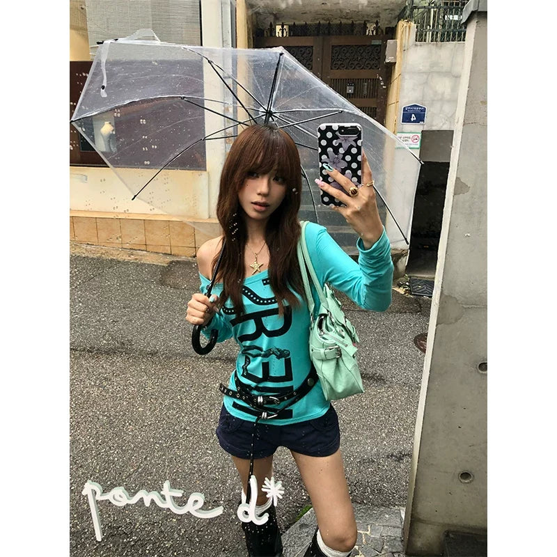 BADMUSE  U-Neck Letter Print Long Sleeve