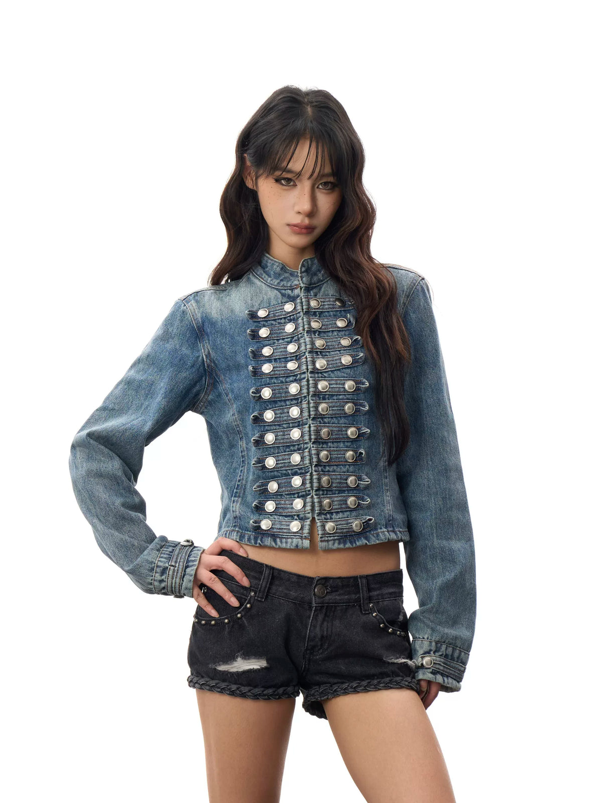 BADMUSE Double Breasted Cropped Denim Jacket