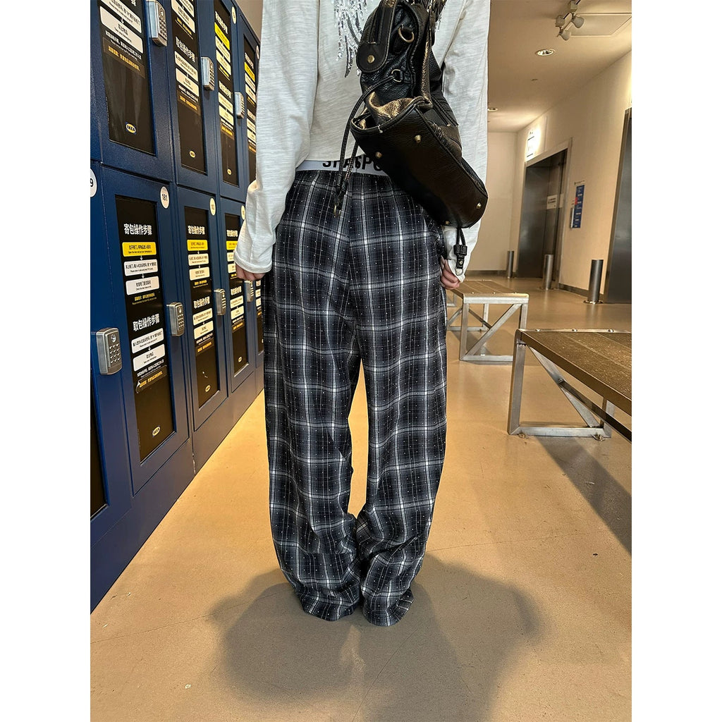 BADMUSE Rhinestone Plaid Casual Pants
