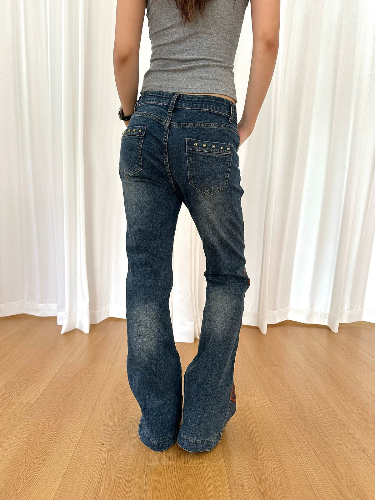 BADMUSE Retro Letter Embroidered Rivet  Flared Jeans