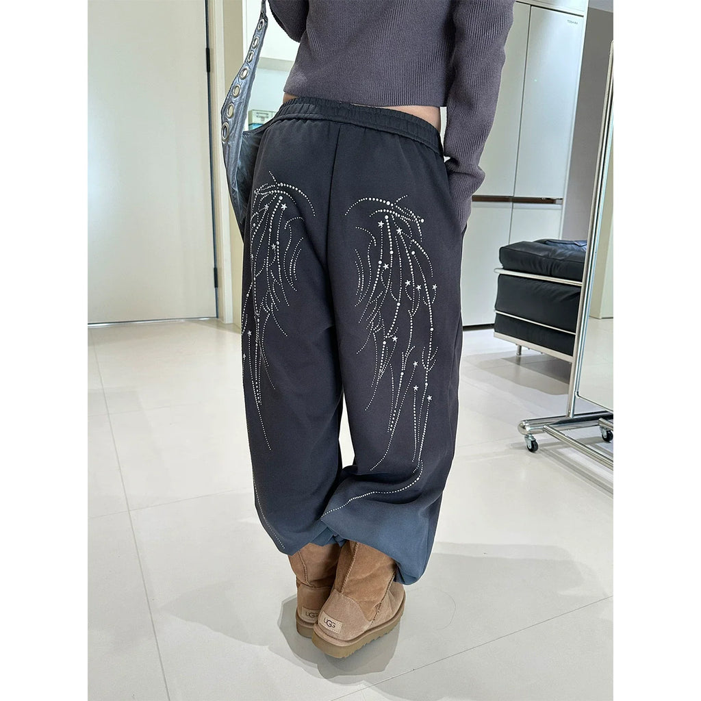 BADMUSE Wing Print Elastic Waist Wide Leg Sweatpants