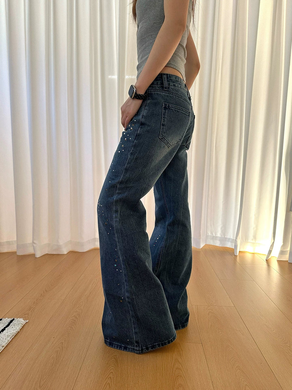 BADMUSE Vintage Rivet Rhinestone Flared Jeans