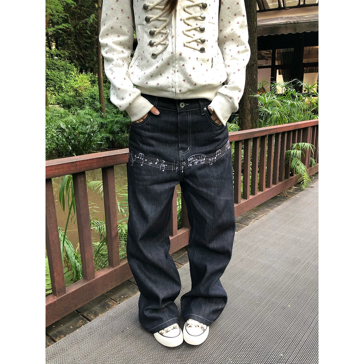 BADMUSE Musical Note Print Loose Straight Jeans
