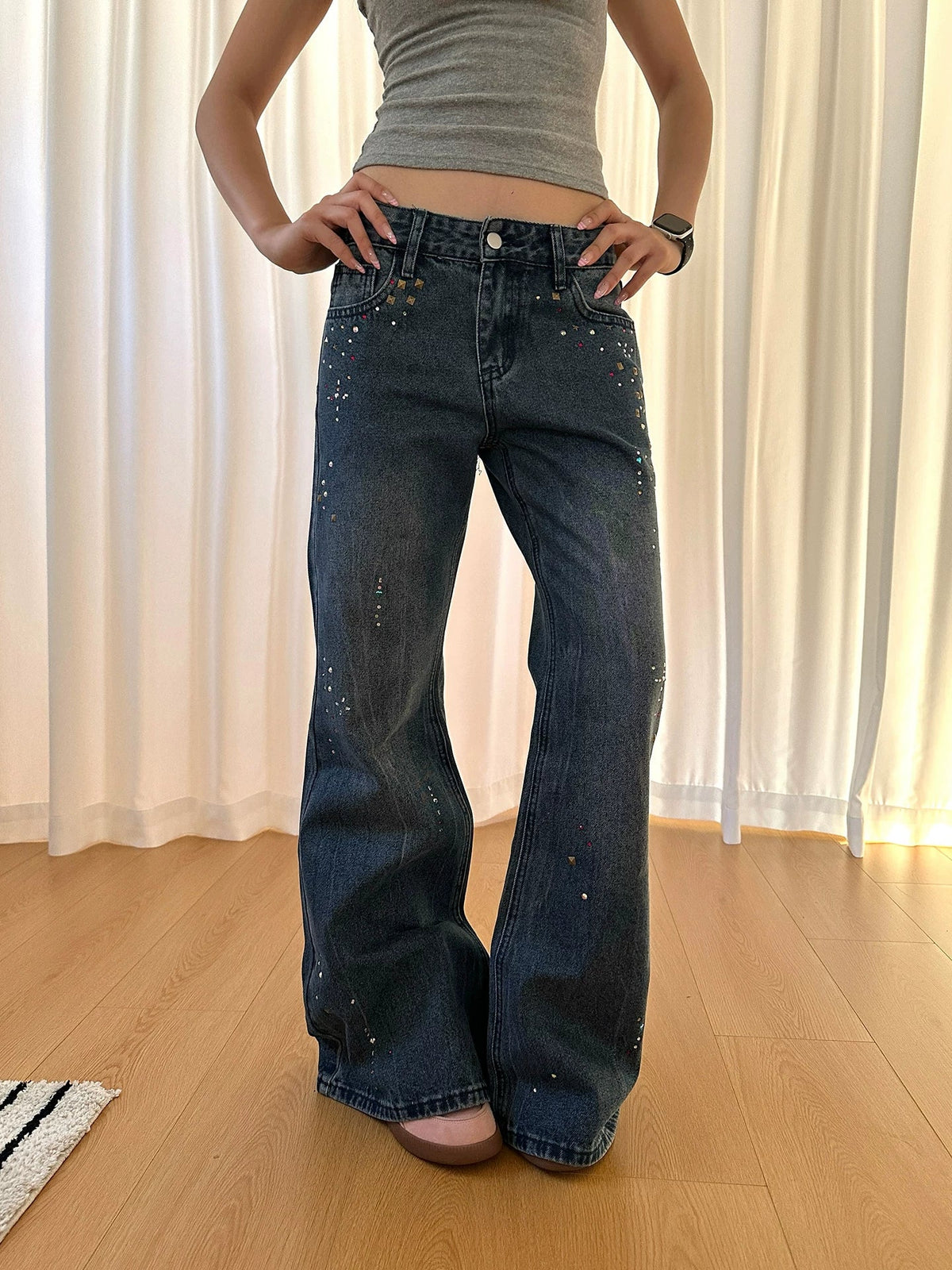 BADMUSE Vintage Rivet Rhinestone Flared Jeans