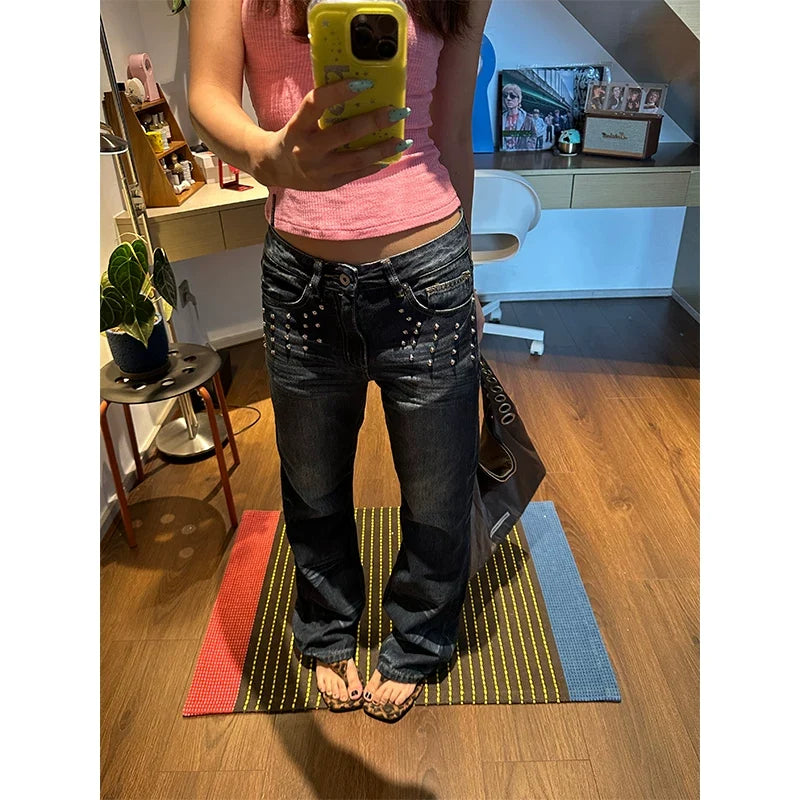 BADMUSE Rhinestone Flared Washed Women's Jeans