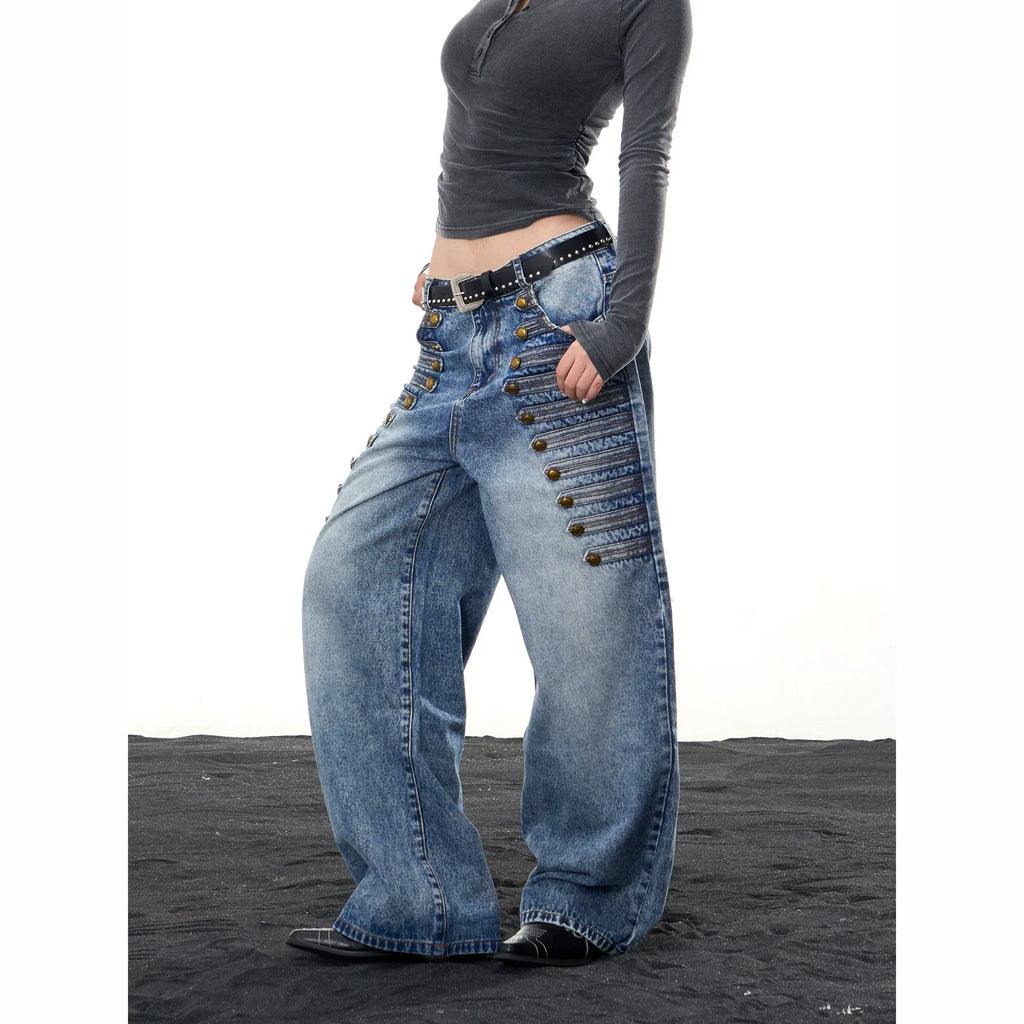 BADMUSE Multi-Button Low Waist Wide Leg Jeans
